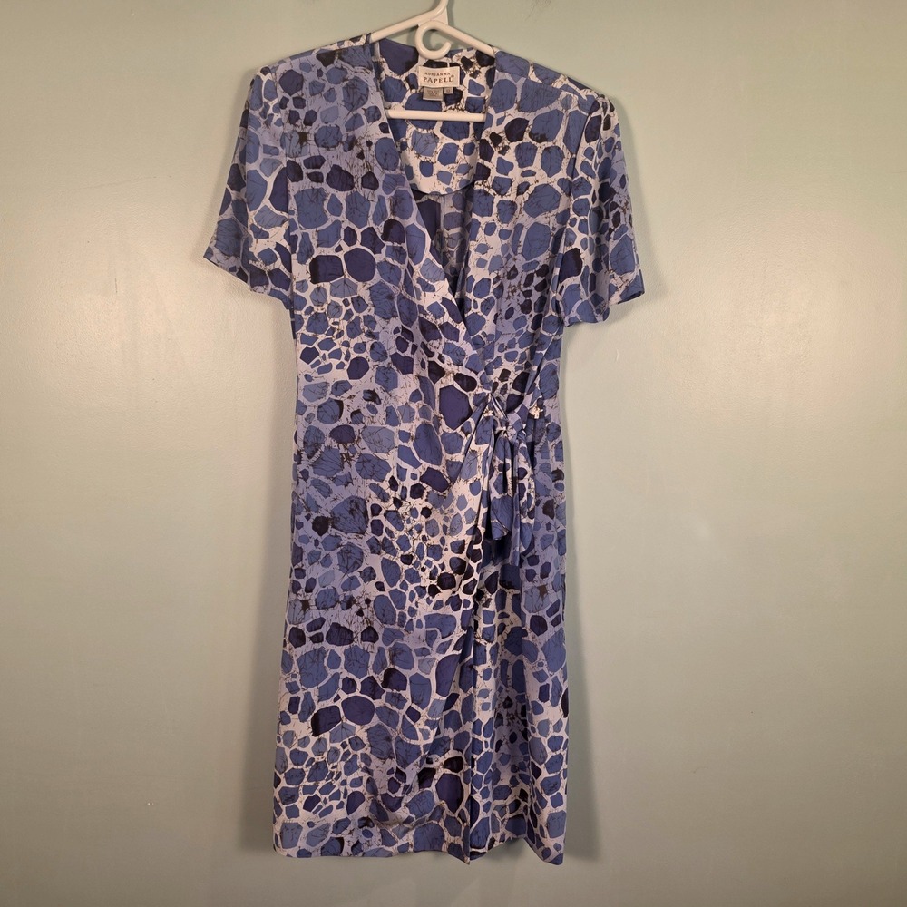 Adrianna Papell 100% Silk Wrap Dress Blue Abstract Print Size‎ 12 Short Sleeve